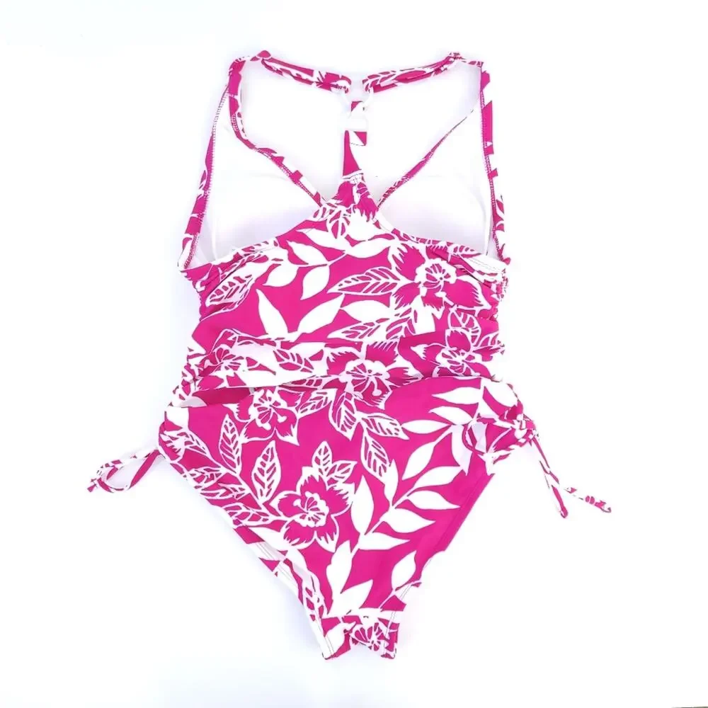 Kona Sol One Piece Swimsuit Small Pink & White Floral, Ruched Sides Excellent